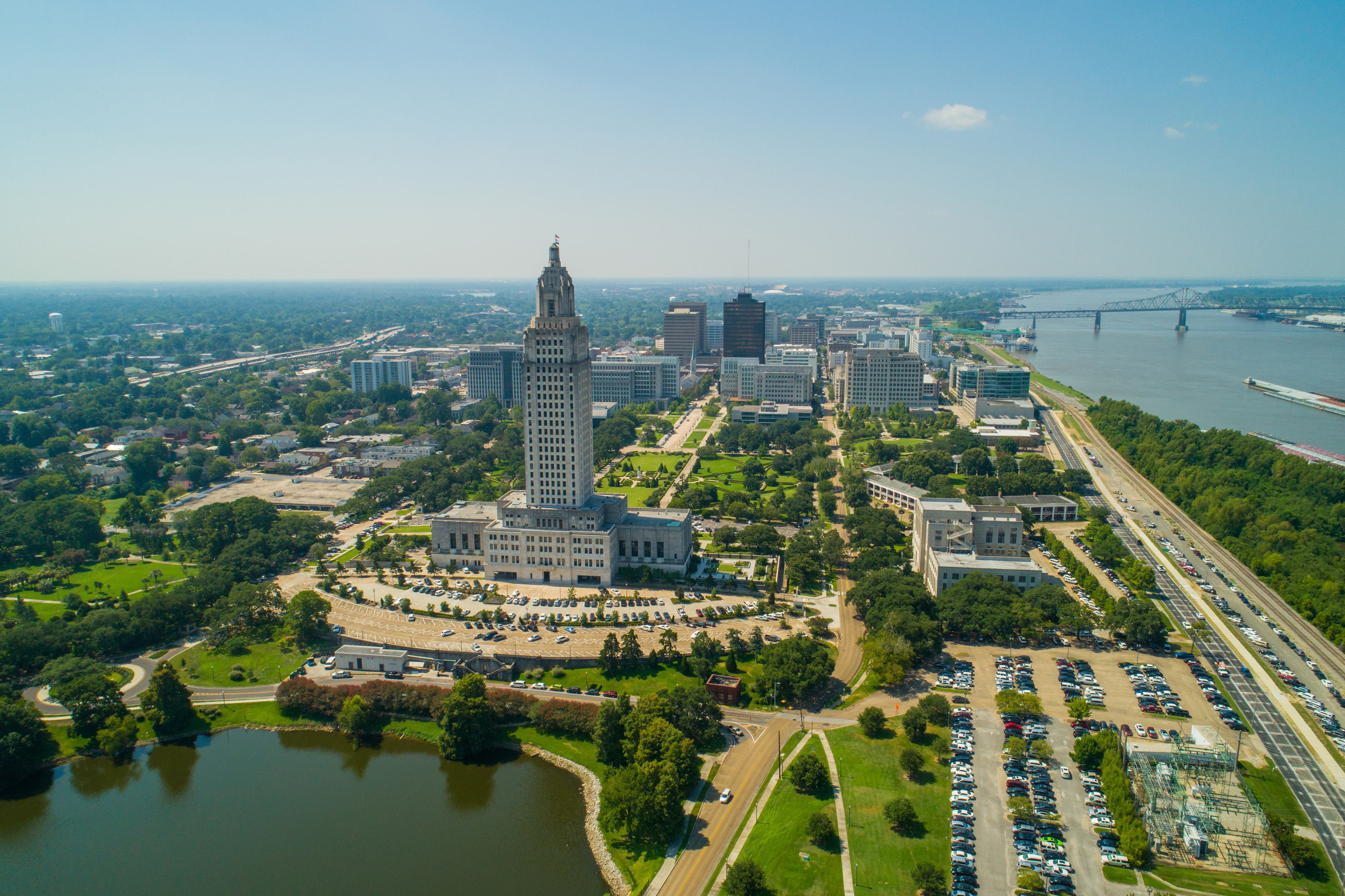 Aerial view of the Louisiana State Capitol in downtown Baton Rouge, LA.